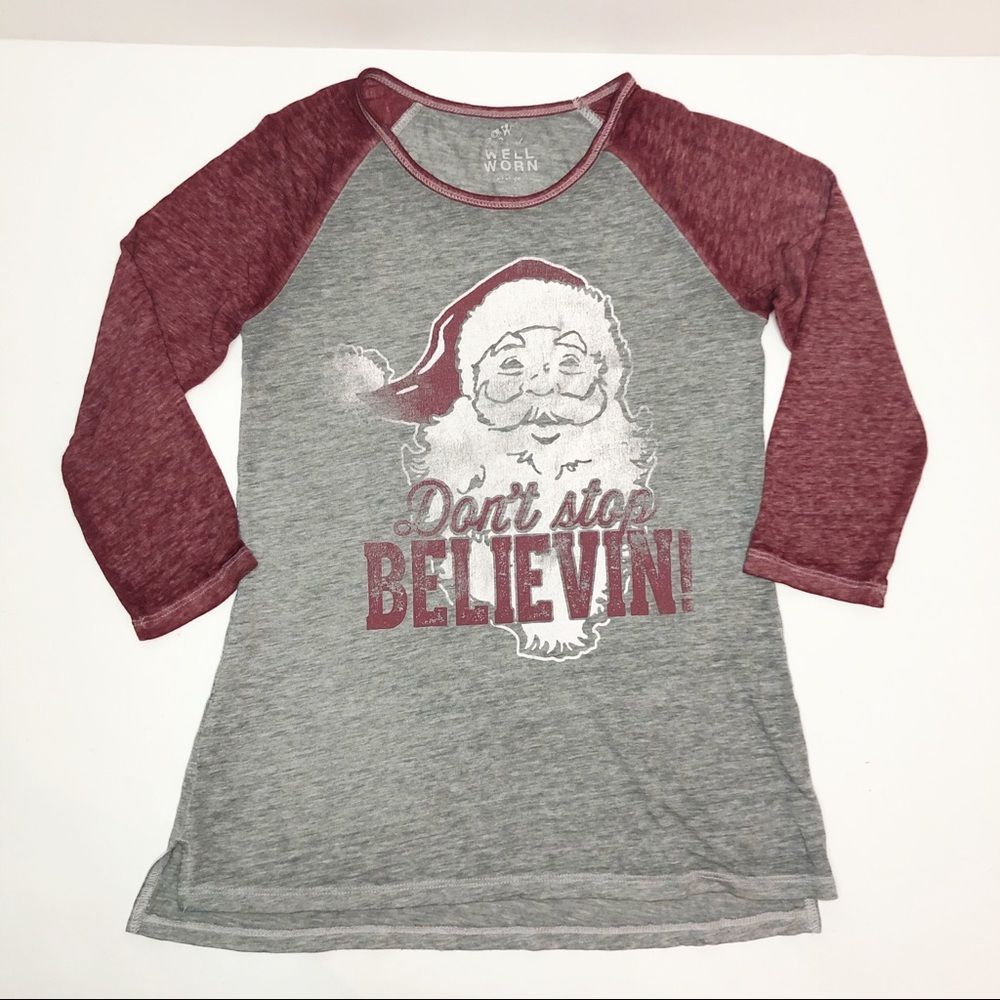 Well Worn Dont Stop Believin Santa Burn Out Tee M